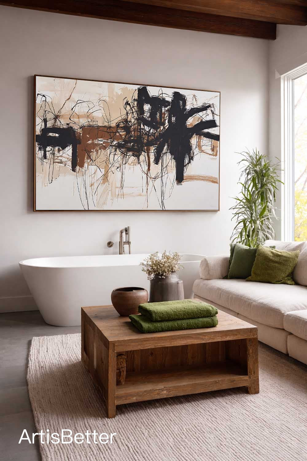 Large Textured Beige Black Abstract Art Minimalist Beige Black Abstract Painting Handmade Abstract Wall Art For Bedroom