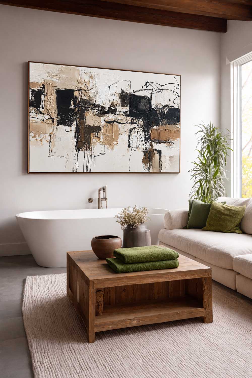 Large Neutral Beige Black Abstract Art Handmade Beige Black Oil Painting Modern Minimalist Wall Art For Living Room