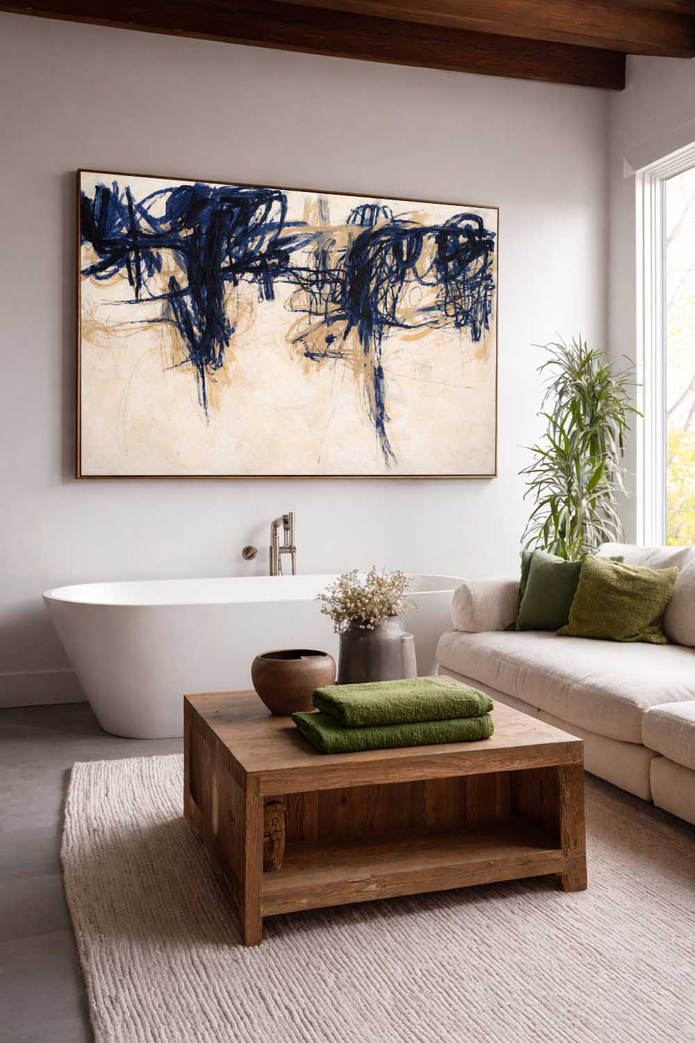 Minimalist Beige And Blue Horizontal Abstract Painting Handmade Beige Abstract Art Large Beige Wall Art For Living Room