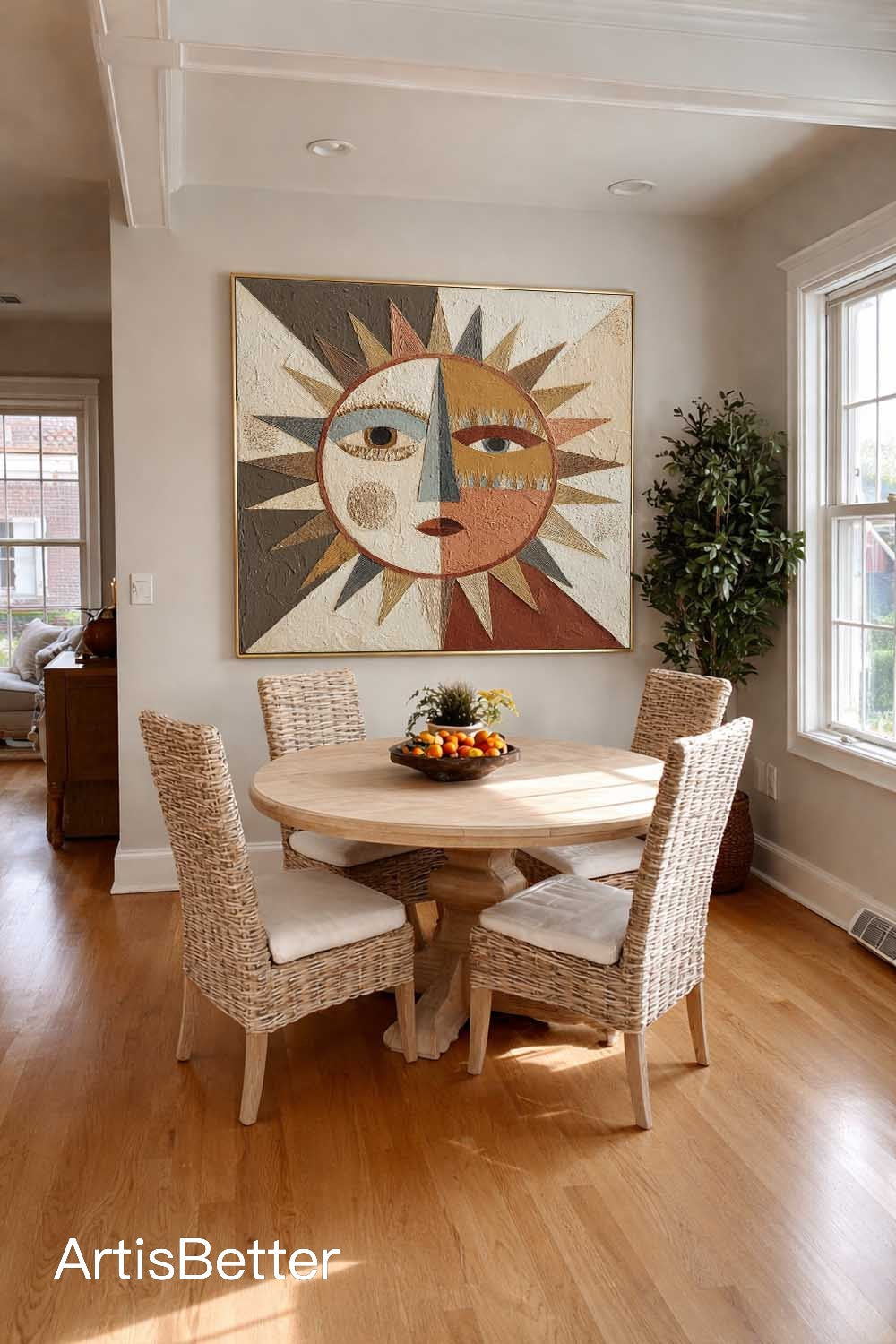 Handmade Textured Geometric Abstract Sun Face Art Original Textured Abstract Sun Face Oil Painting Neutral Earth Tone Painting