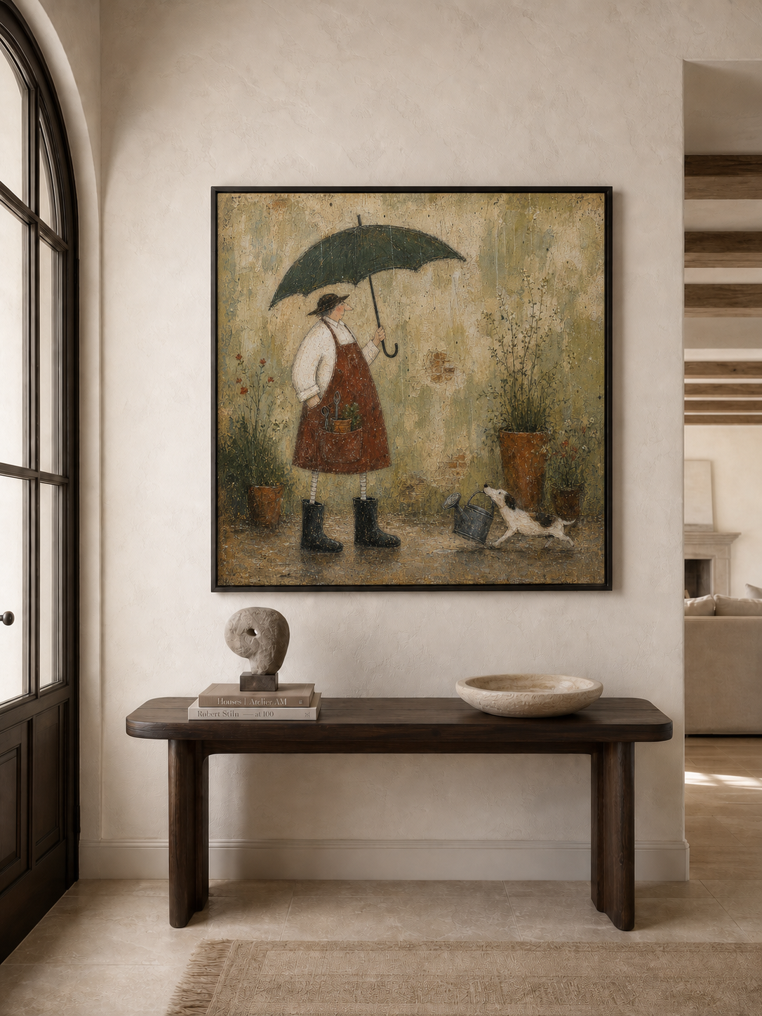 Vintage Gardener With Dog Painting In Earthy Tones For Cozy Home Decor