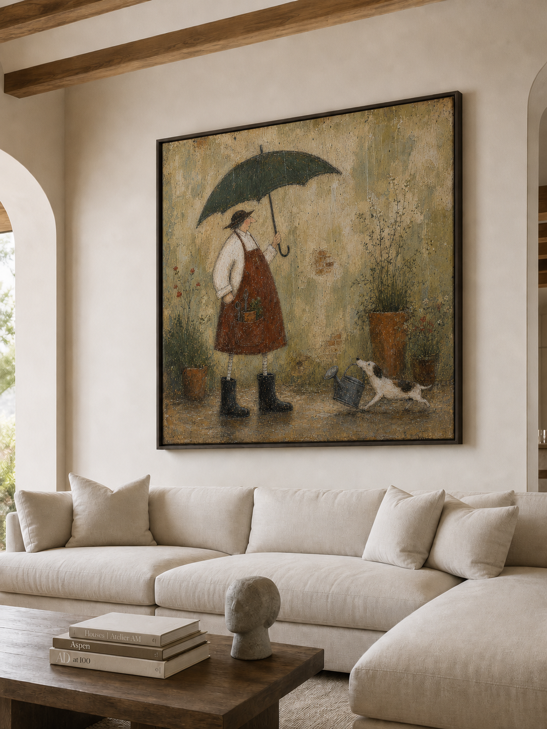 Vintage Gardener With Dog Painting In Earthy Tones For Cozy Home Decor