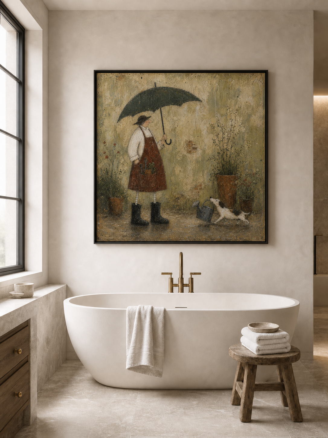 Vintage Gardener With Dog Painting In Earthy Tones For Cozy Home Decor
