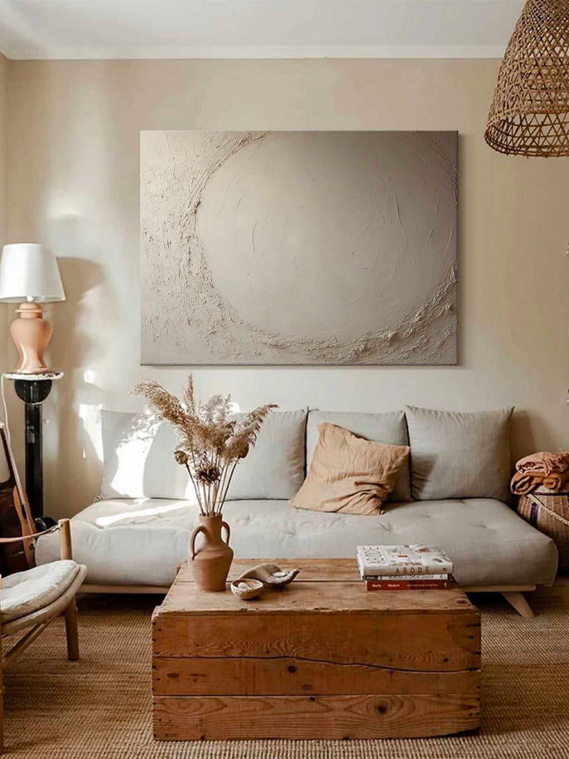 Large Beige Abstract Texture Painting Minimalist Beige Circle Abstract Wall Art