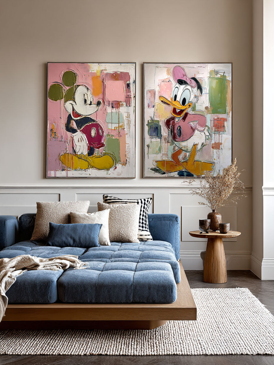 Modern Set Of 2 Multicolor Cartoon Abstract Oil Painting Minimalist Set Of 2 Cartoon Abstract Painting Colorful Mickey And Donald Painting