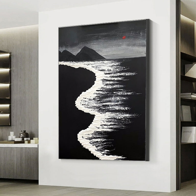 3d Minimalist Black White Wave Painting On Canvas Large Black Ocean Texture Wall Art