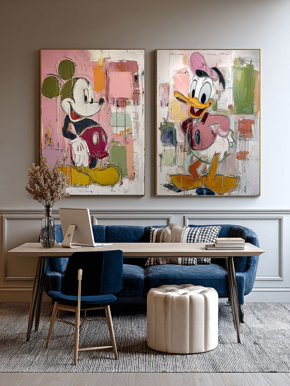 Modern Set Of 2 Multicolor Cartoon Abstract Oil Painting Minimalist Set Of 2 Cartoon Abstract Painting Colorful Mickey And Donald Painting