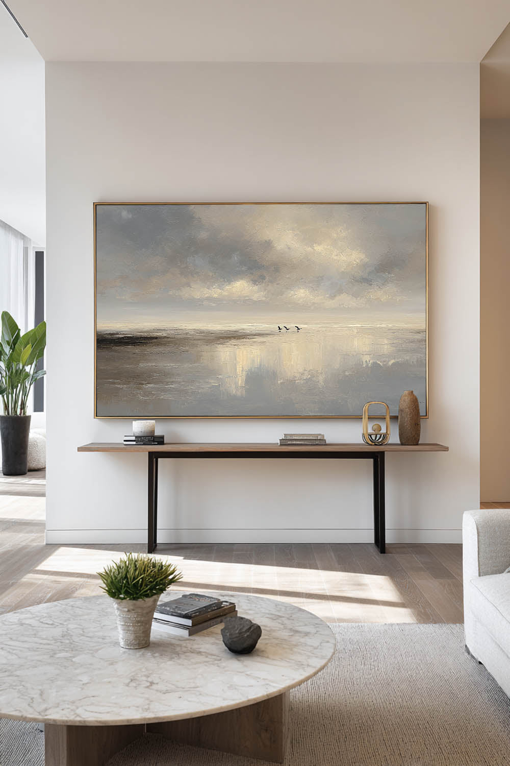 Original Beige And Neutral Seascape Minimalist Ocean Oil Painting On Canvas Large Handmade Coastal Wall Art