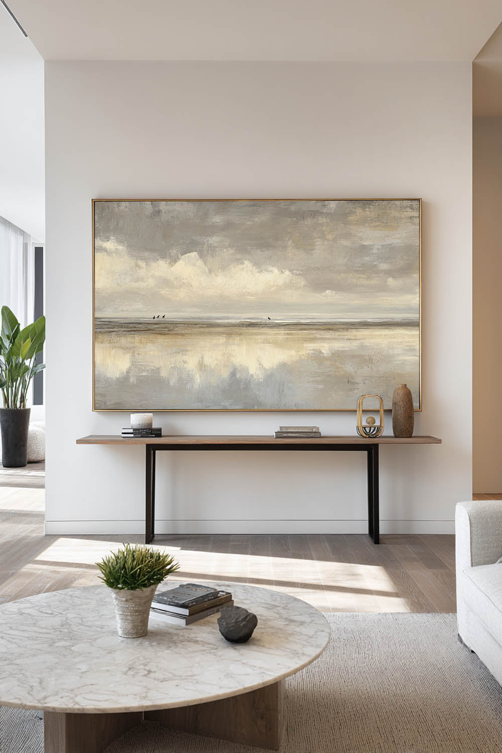 Beige and Gray Coastal Oil Painting Modern Neutral Seascape Canvas Art Wabi-Sabi Beige Coastal Painting