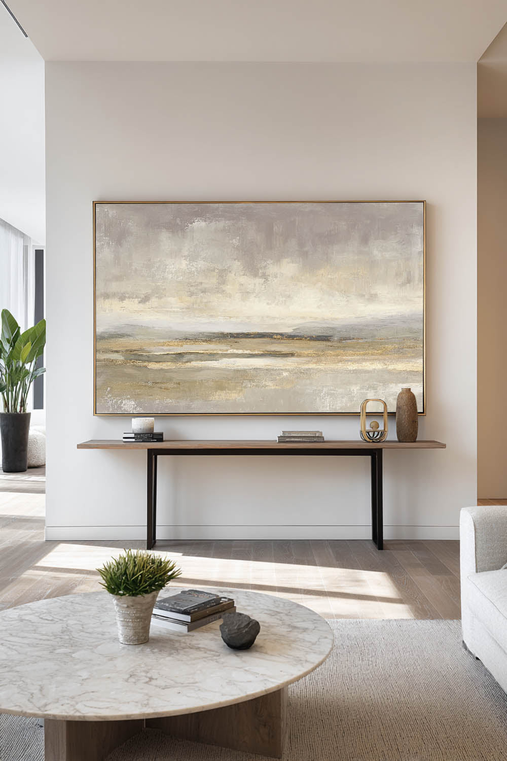 Minimalist Abstract Seascape Oil Painting Handmade Beige And Grey Ocean Art Wabi Sabi Shoreline Wall Art