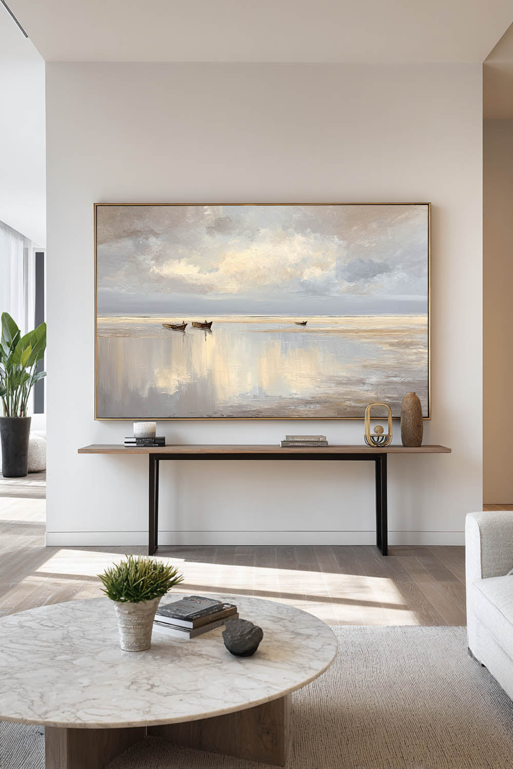 Neutral Handmade Seascape Art Large Beach Oil Painting Original Reflective Seascape In Neutral Tones