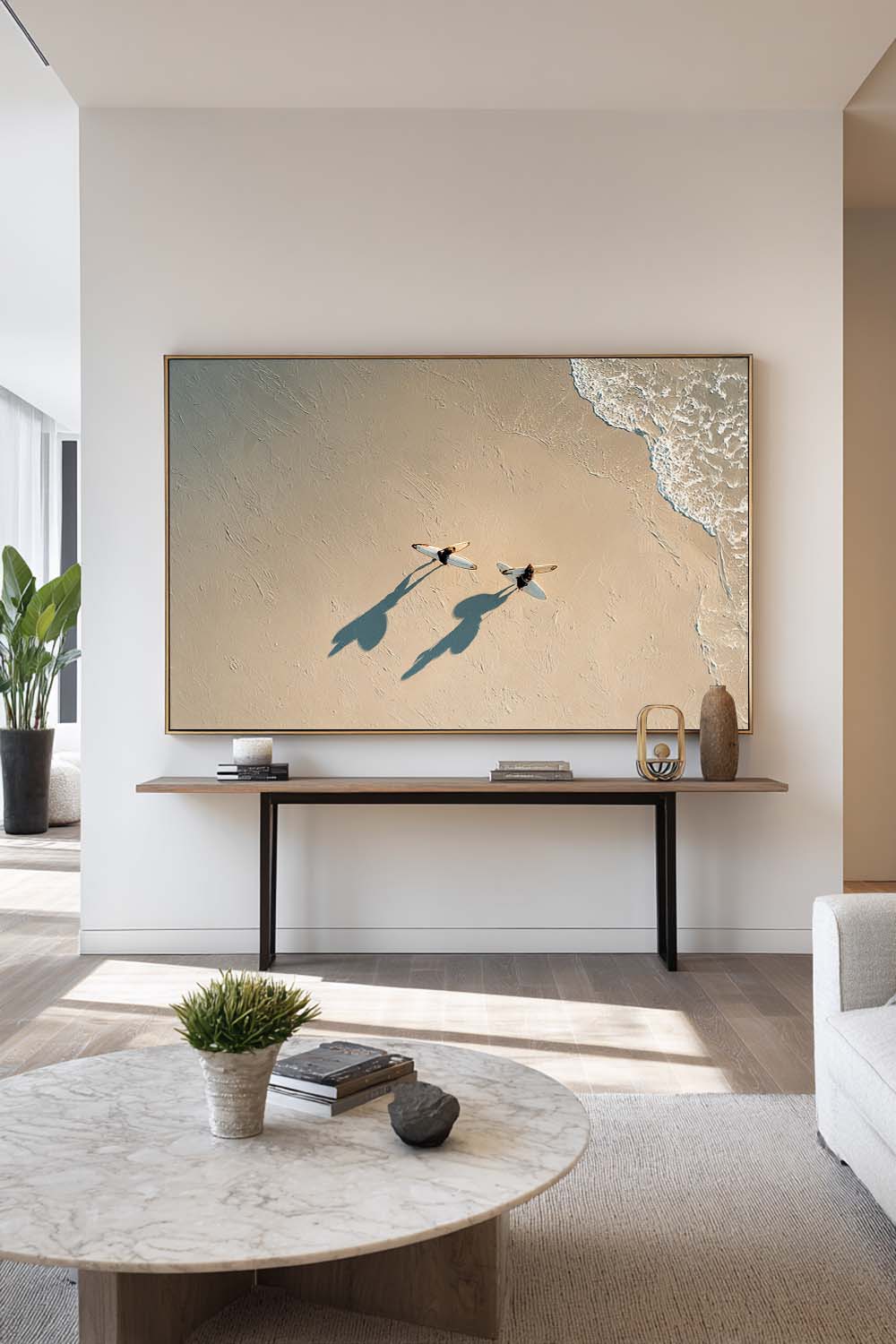 Contemporary Beige Minimalist Surfing Canvas Artwork Large Handmade Beach Scene Painting Neutral Coastal Abstract Wall Art