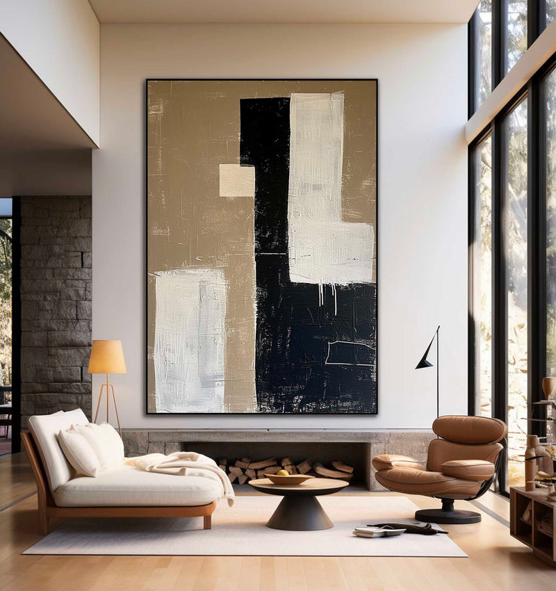 Large Beige Canvas Painting Neutral Beige Minimalist Wall Art  Black Beige Texture Wall Art 