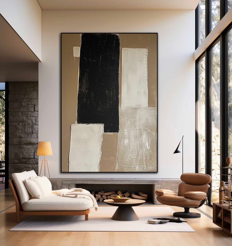 Minimalist Beige Abstract Painting Original Beige Black Wabi Sabi Wall Art Large Beige Neutral Decor