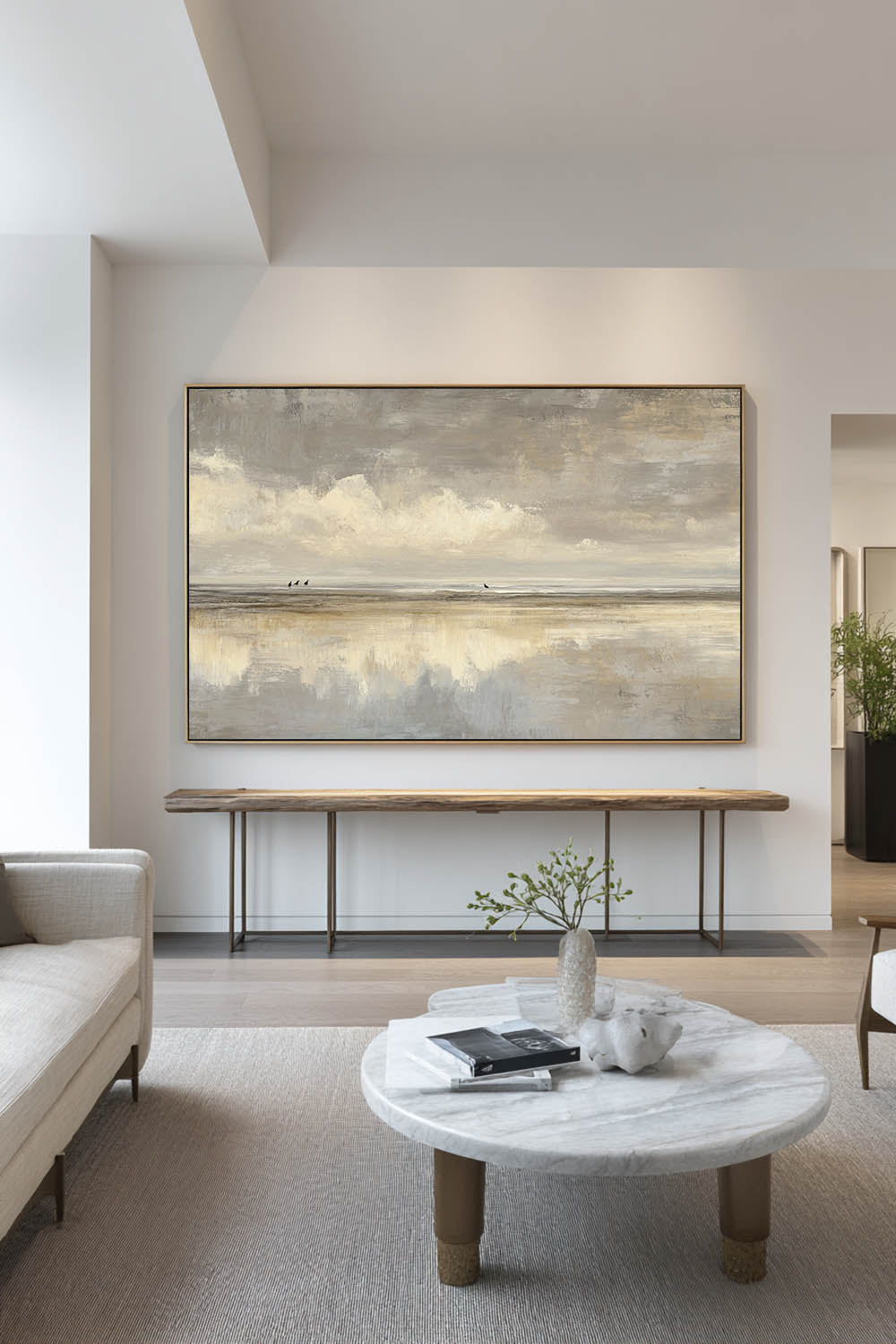 Beige and Gray Coastal Oil Painting Modern Neutral Seascape Canvas Art Wabi-Sabi Beige Coastal Painting
