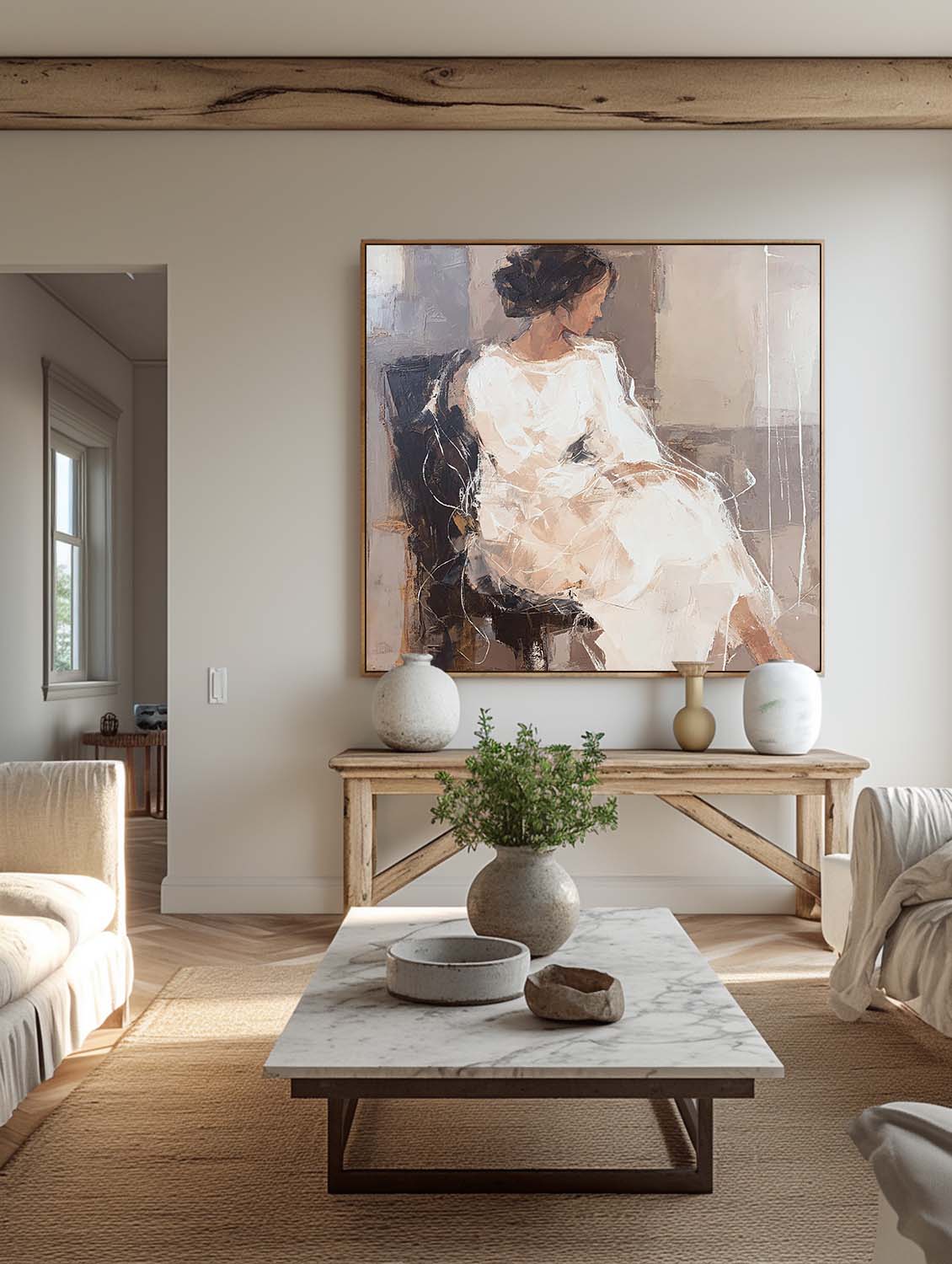 Neutral Brown Female Figure Artwork Contemporary Cream and Taupe Female Figure Art Minimalist Abstract Female Figure Painting