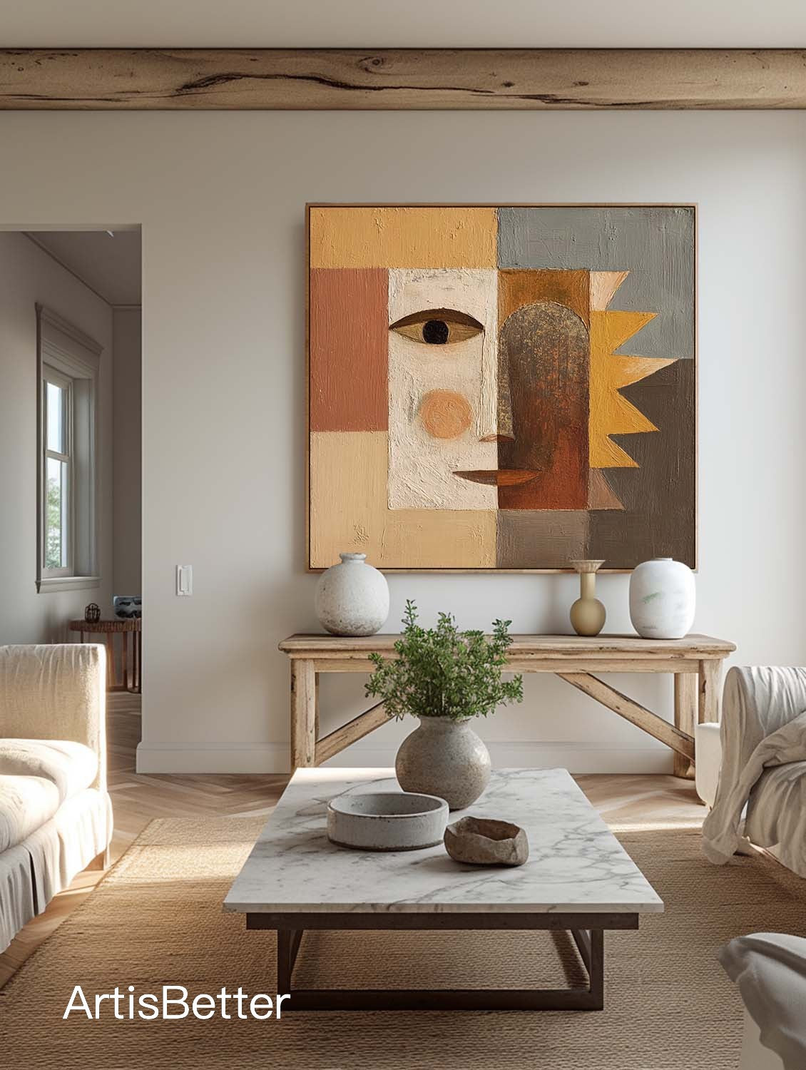 Contemporary Brown And Cream Geometric Portrait Painting Handmade Brown And Beige Geometric Abstract Painting