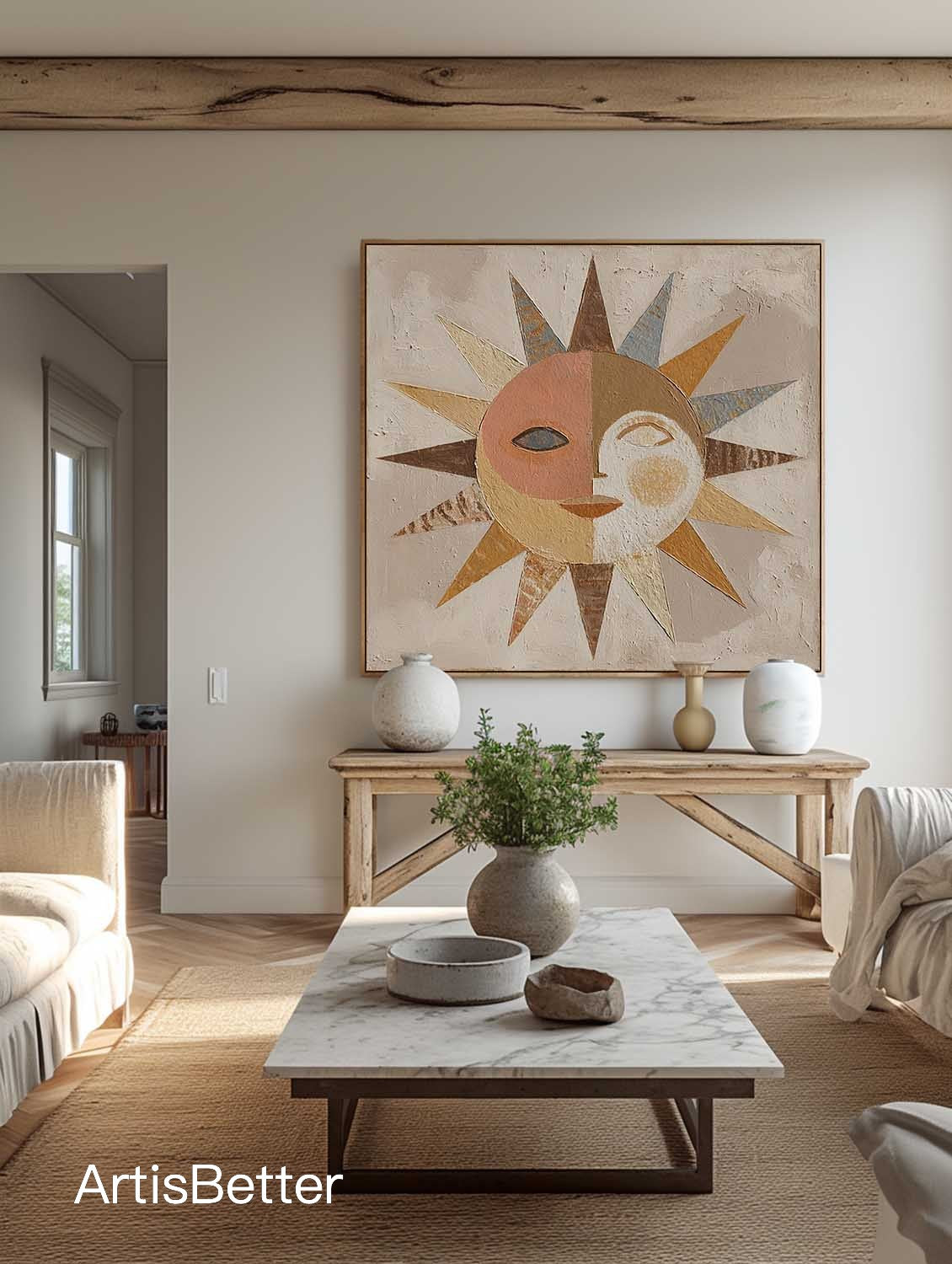 Original Textured Abstract Sun Face Wall Art Large Textured Abstract Portrait Canvas Neutral Beige Canvas Wall Art