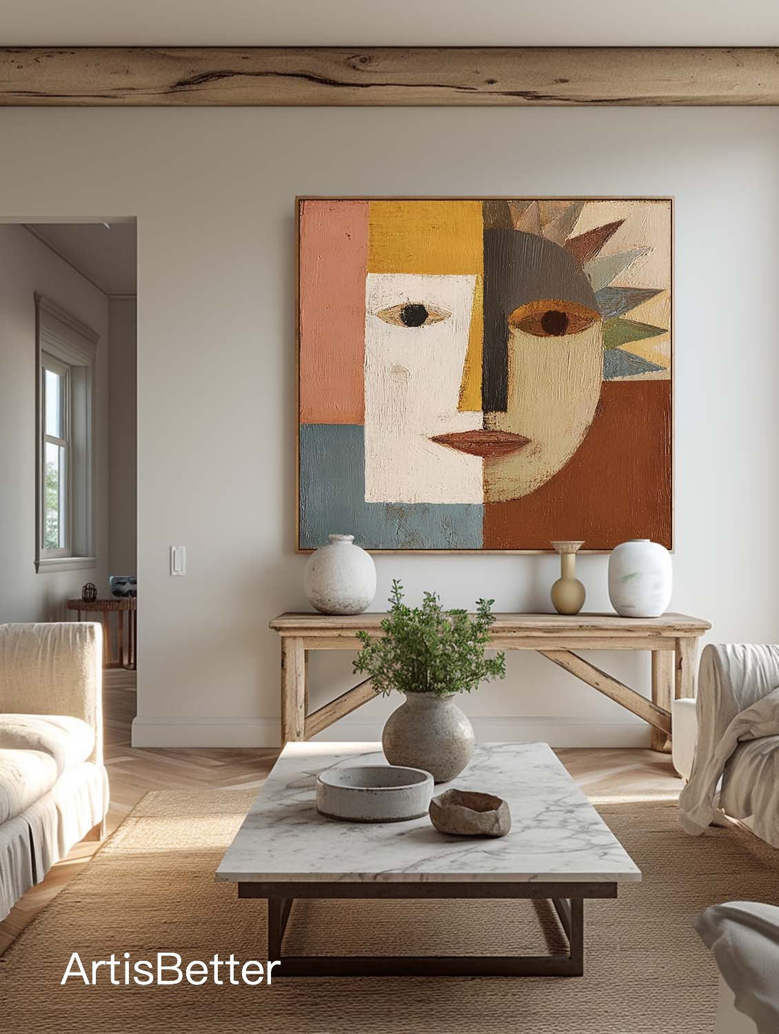 Large Brown Geometric Abstract Portrait Wall Art Minimalist Brown And Blue Geometric Abstract Face Painting