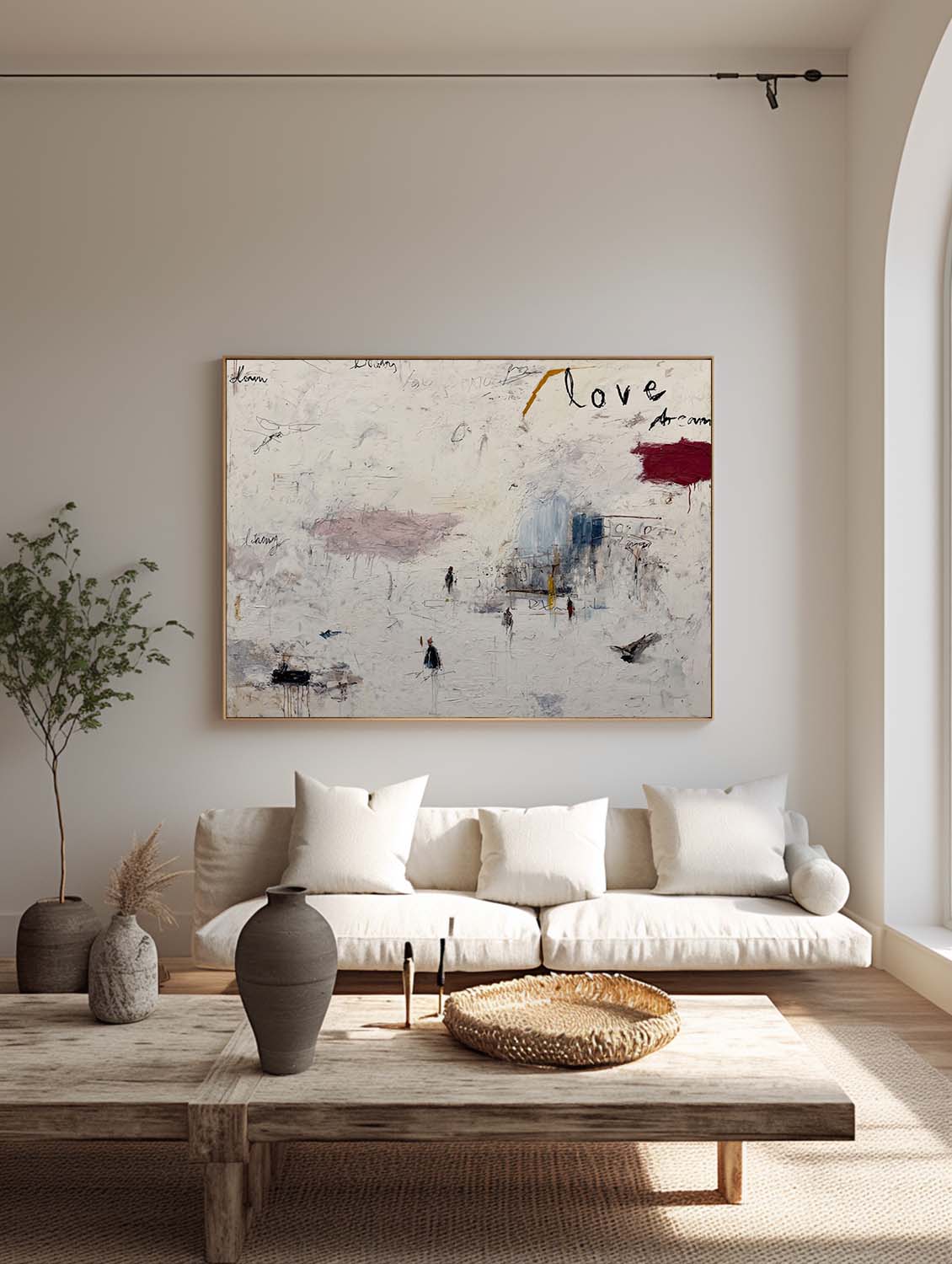 Handmade Neutral White Graffiti Abstract Painting With Love Lettering Minimalist Neutral White Graffiti Wall Art Original Textured Wall Art
