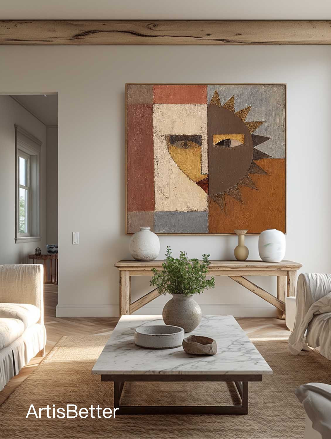 Large Abstract Sun Facial Art Handmade Colorful Geometry Oil Painting Original Earth Tone Geometric Abstract Painting