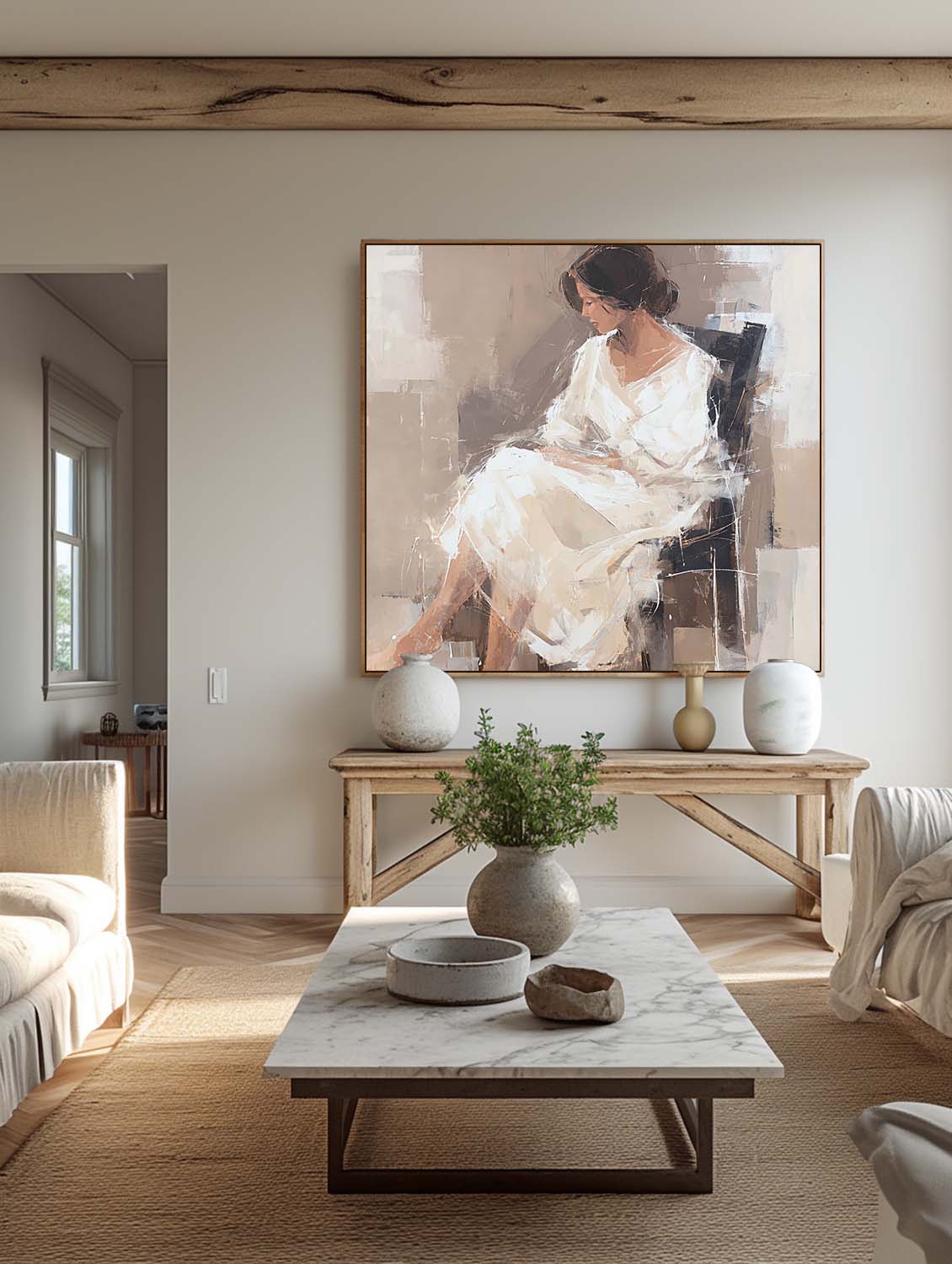 Large Abstract Female Figure Oil Painting Original White Female Figure Wall Art Minimalist Figure Oil Painting