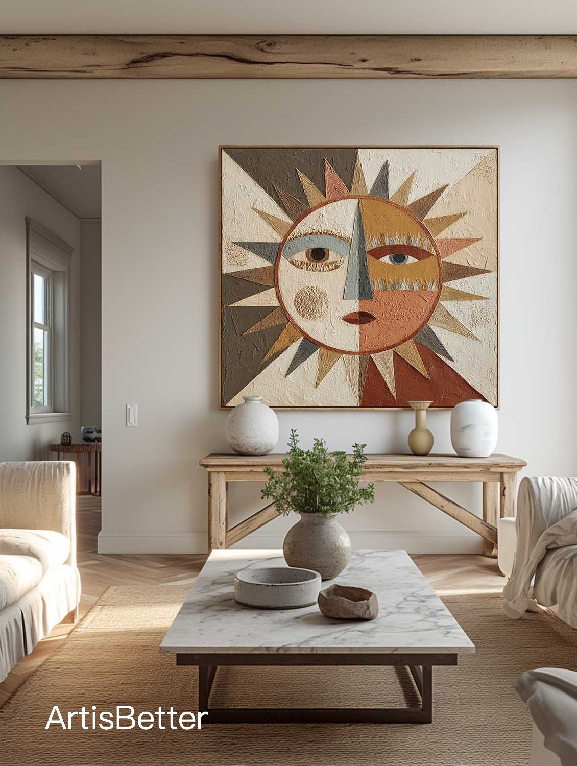 Handmade Textured Geometric Abstract Sun Face Art Original Textured Abstract Sun Face Oil Painting Neutral Earth Tone Painting