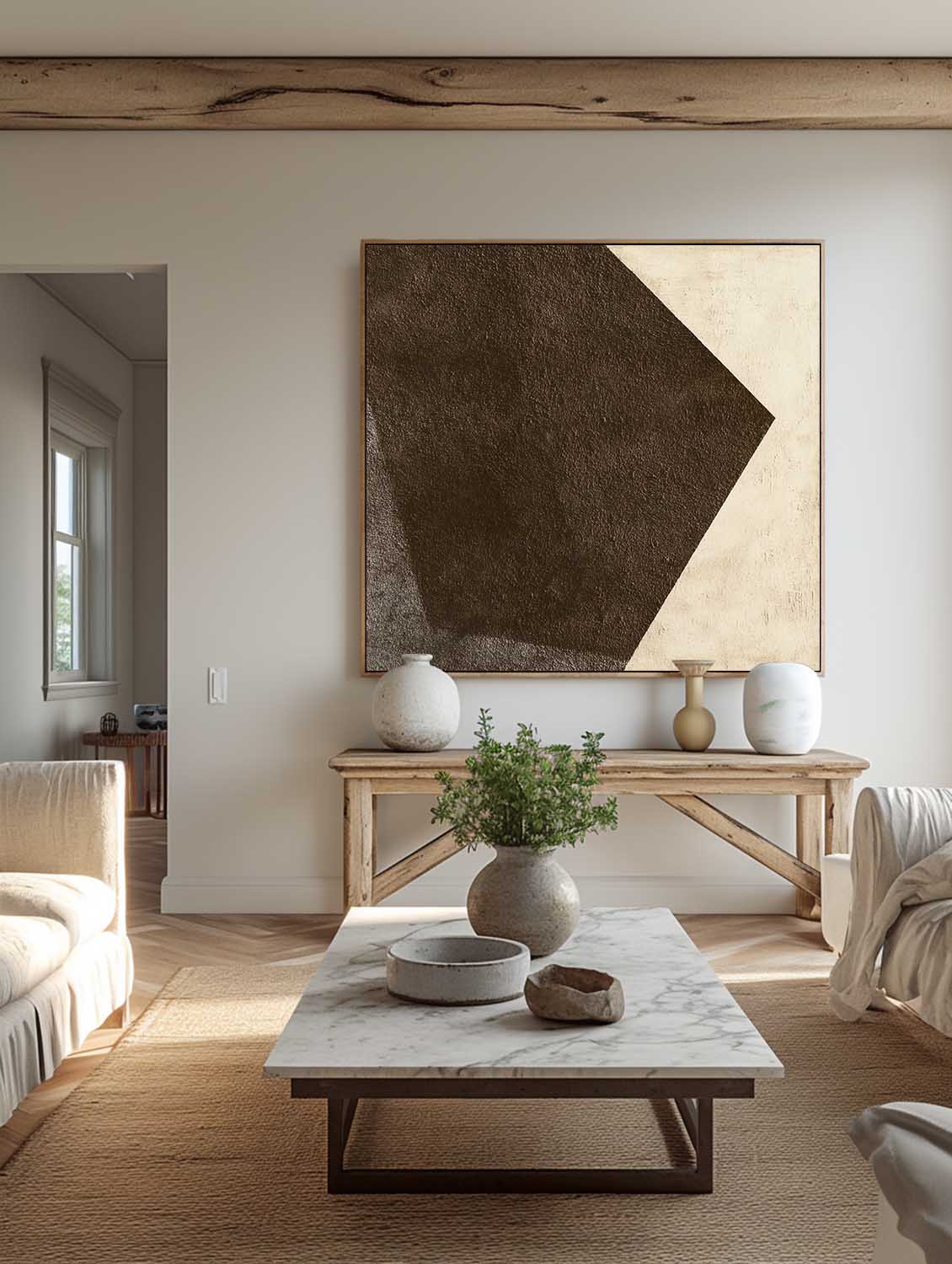 Large Brown And White Geometric Oil Painting Minimalist Brown Oil Painting On Canvas Neutral Brown Canvas Wall Art