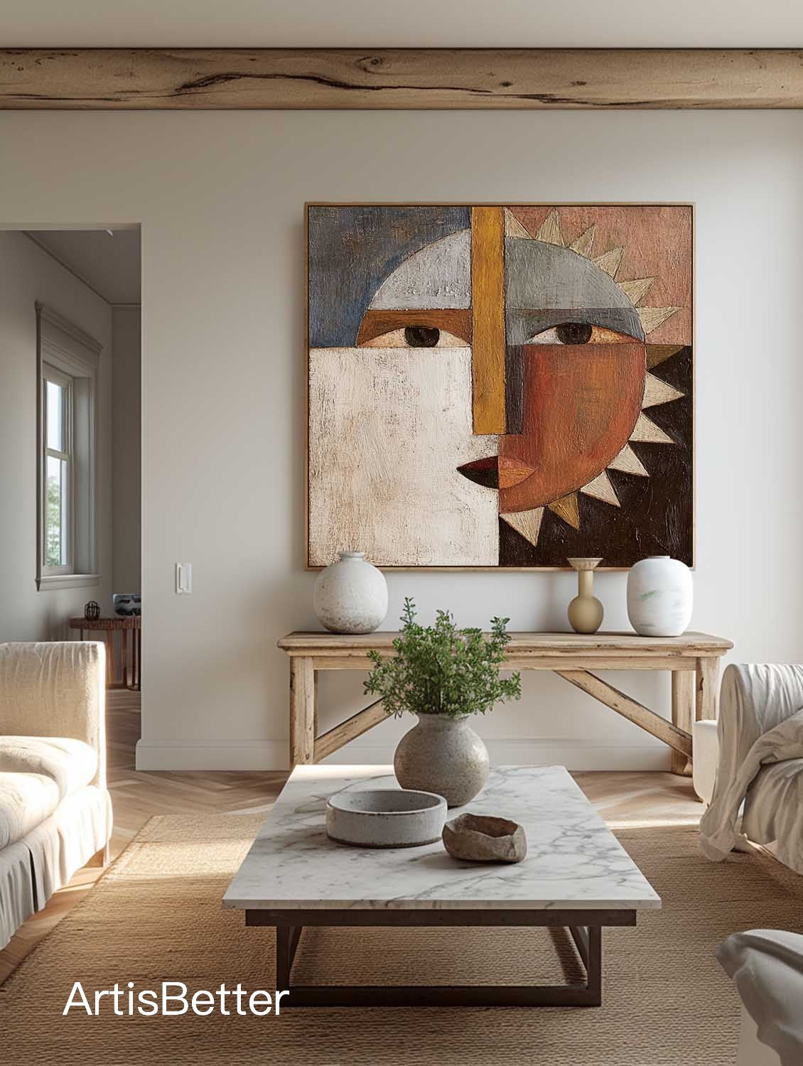 Original Abstract Sun Moon Canvas Artwork Modern Earthy Brown Geometric Abstract Oil Painting Modern Geometric Wall Art