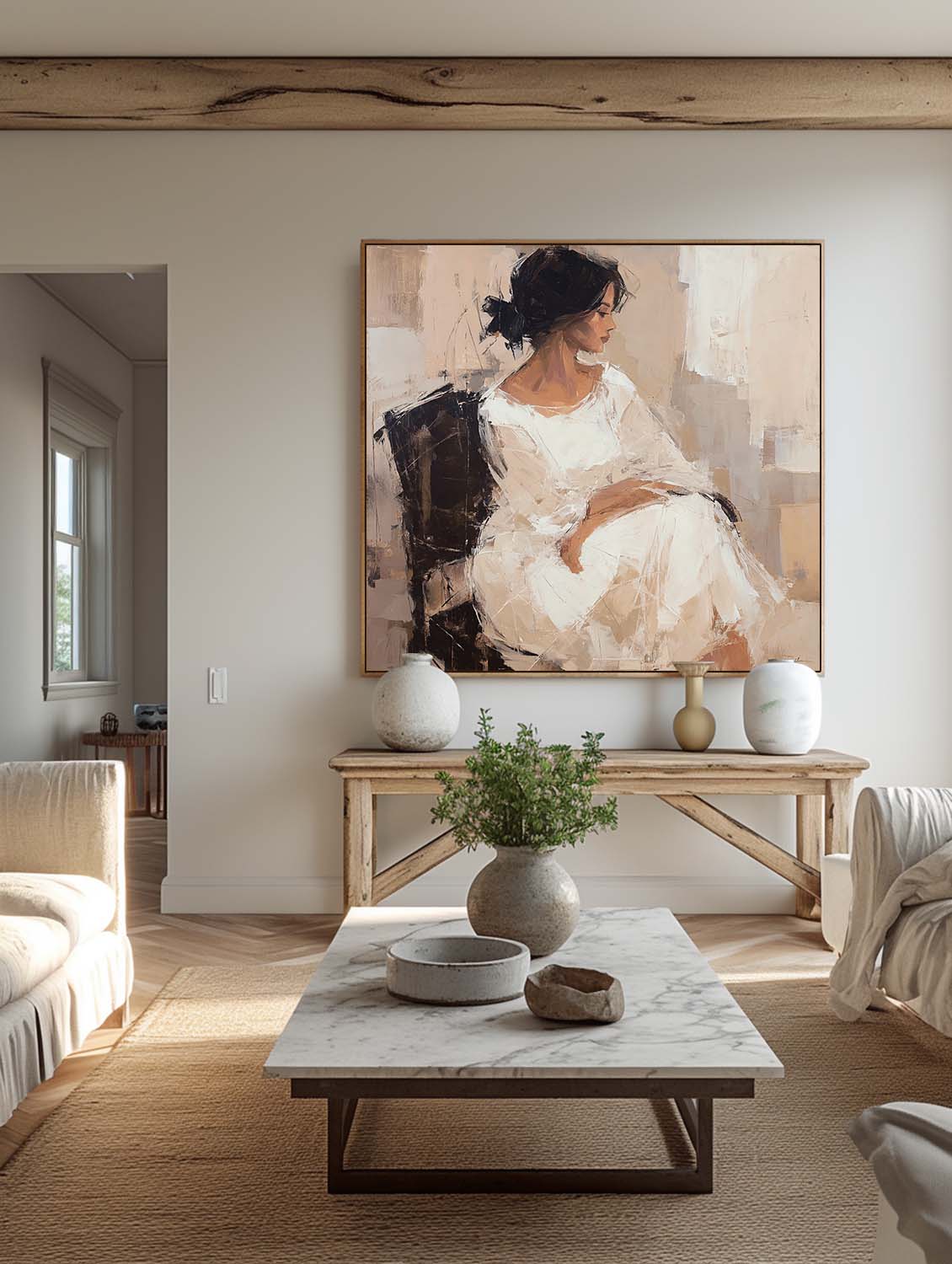 Minimalist Beige And Brown Female Portrait Painting Neutral Brown And White Female Figure Handmade Abstract Oil Painting