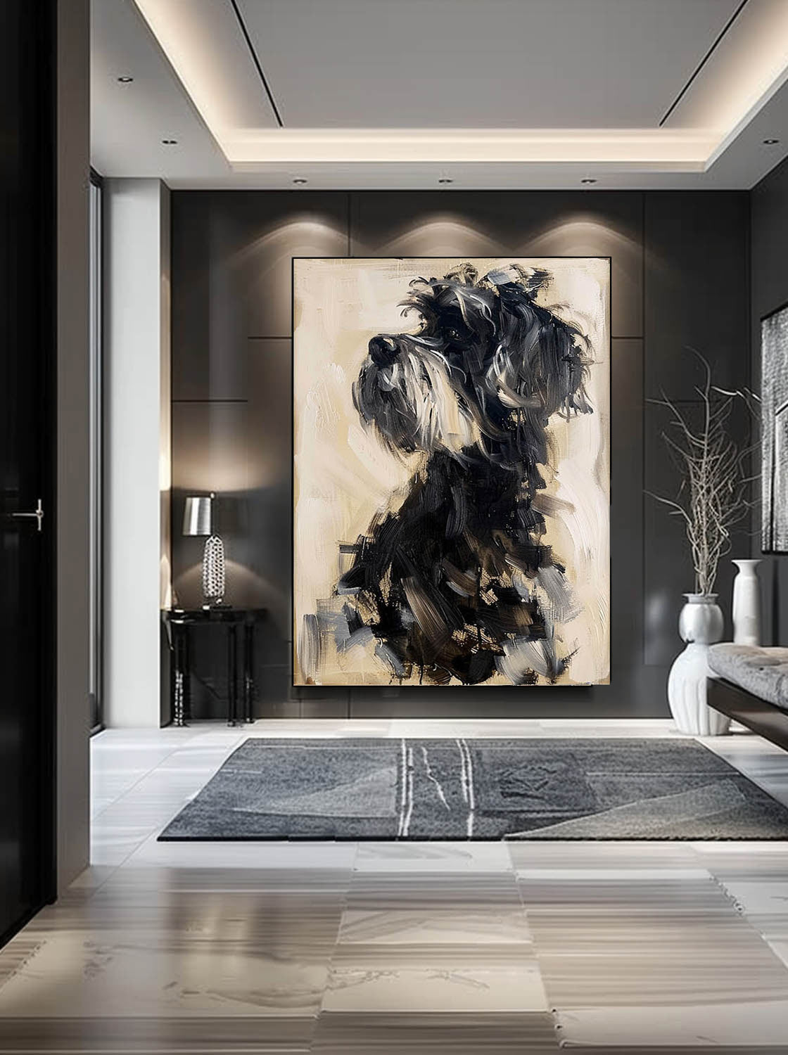 Vintage Minimalist Dog Portrait Painting Neutral Acrylic Oil Painting On Canvas Large Abstract Wall Art Decor