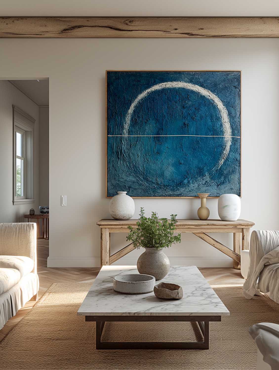 Blue Minimalist Circle Abstract Painting Handmade Blue Abstract Circle Painting Blue Abstract Line And Circle Painting