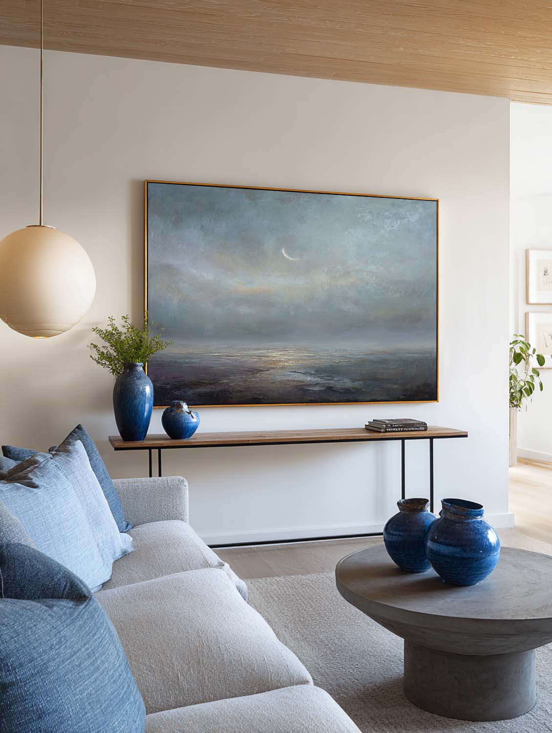 Large Wabi Sabi Abstract Ocean Painting In Blue And Gray Original Blue Gray Horizon Painting Large Gray Beach Oil Painting