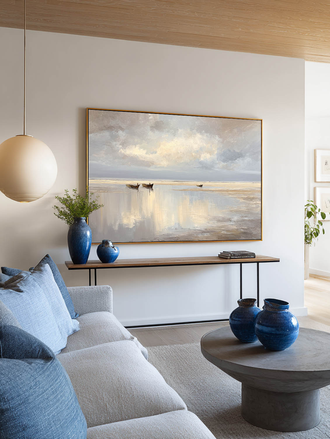 Neutral Handmade Seascape Art Large Beach Oil Painting Original Reflective Seascape In Neutral Tones