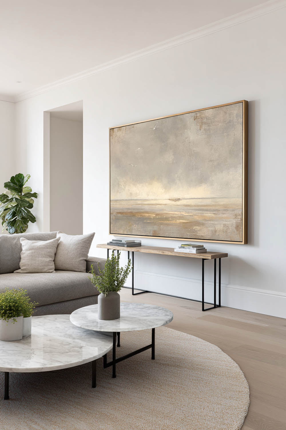 Large Wabi Sabi Ocean Wall Art Original Neutral Seascape Painting With Distant Boat Beige And Taupe Abstract Ocean Scene