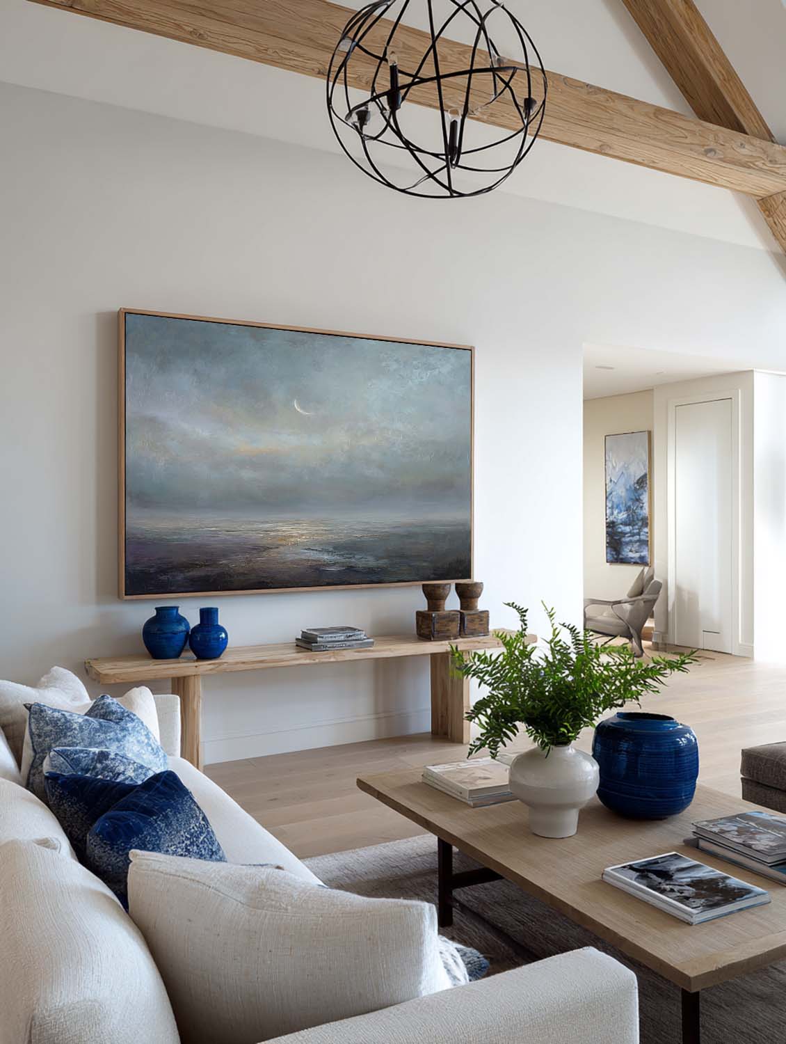 Large Wabi Sabi Abstract Ocean Painting In Blue And Gray Original Blue Gray Horizon Painting Large Gray Beach Oil Painting