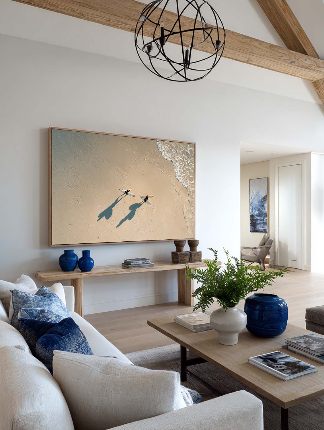 Contemporary Beige Minimalist Surfing Canvas Artwork Large Handmade Beach Scene Painting Neutral Coastal Abstract Wall Art