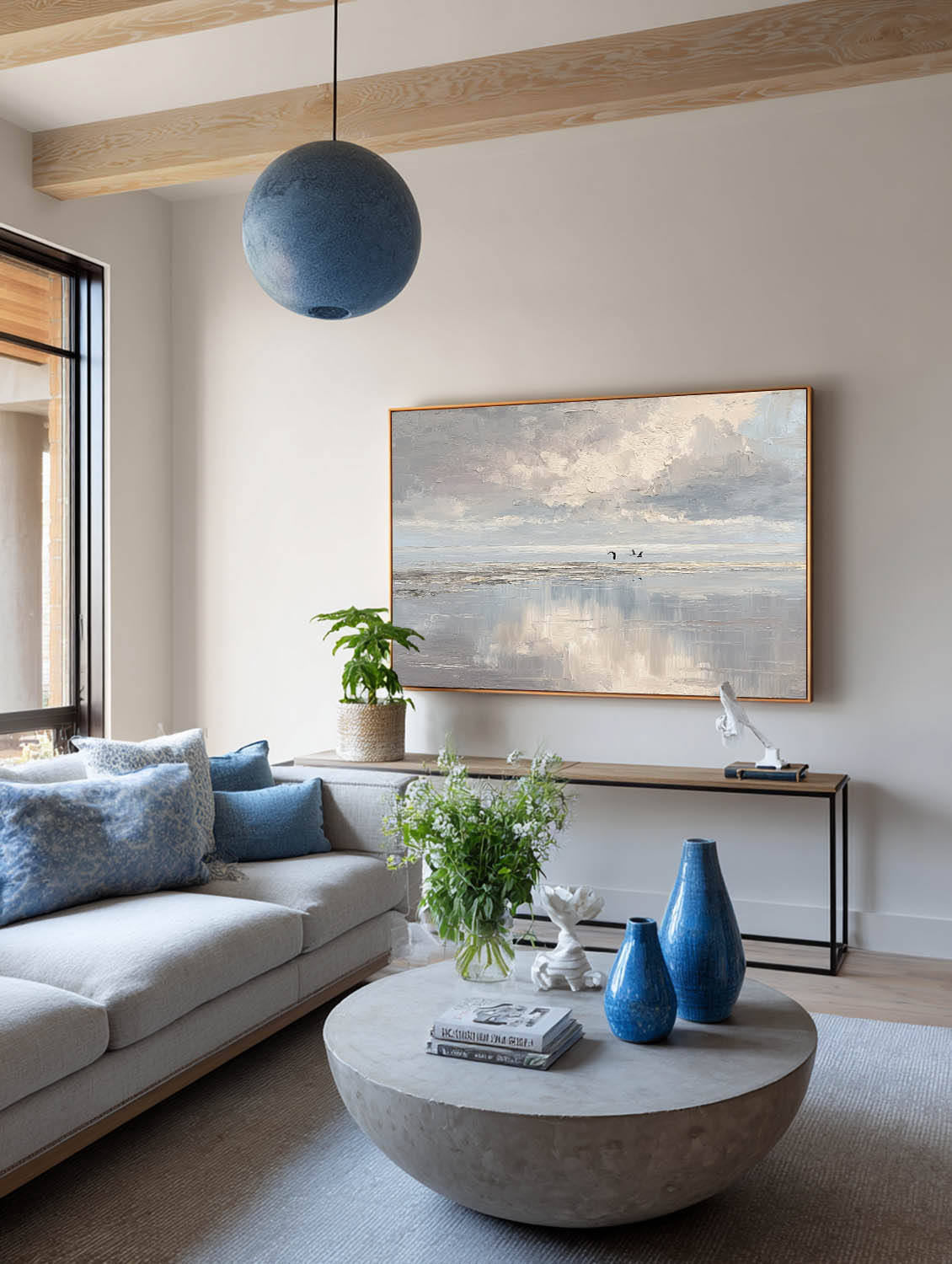 Minimalist Beige And Blue Ocean Wall Art Original Handmade Seascape Oil Painting Large Abstract Beige Ocean Wall Art
