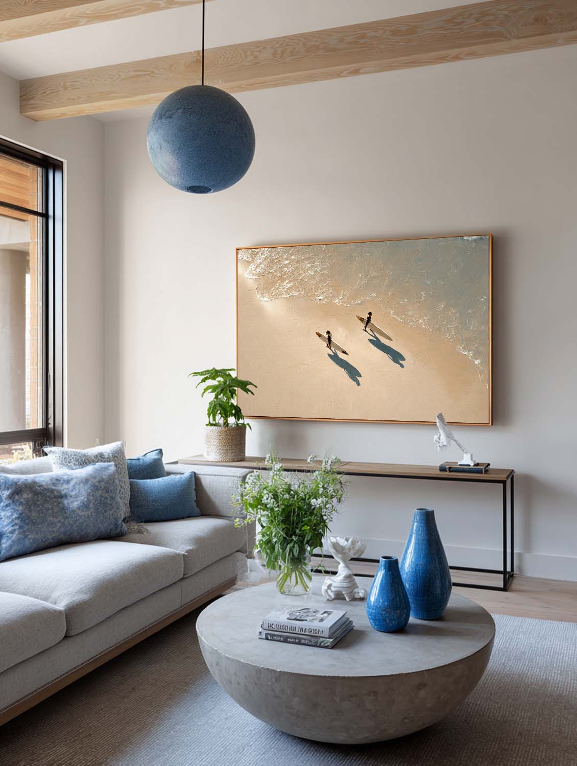 Handmade Blue and Beige Textured Oil Painting Contemporary Beach Scene Artwork Large Textured Seascape Wall Art