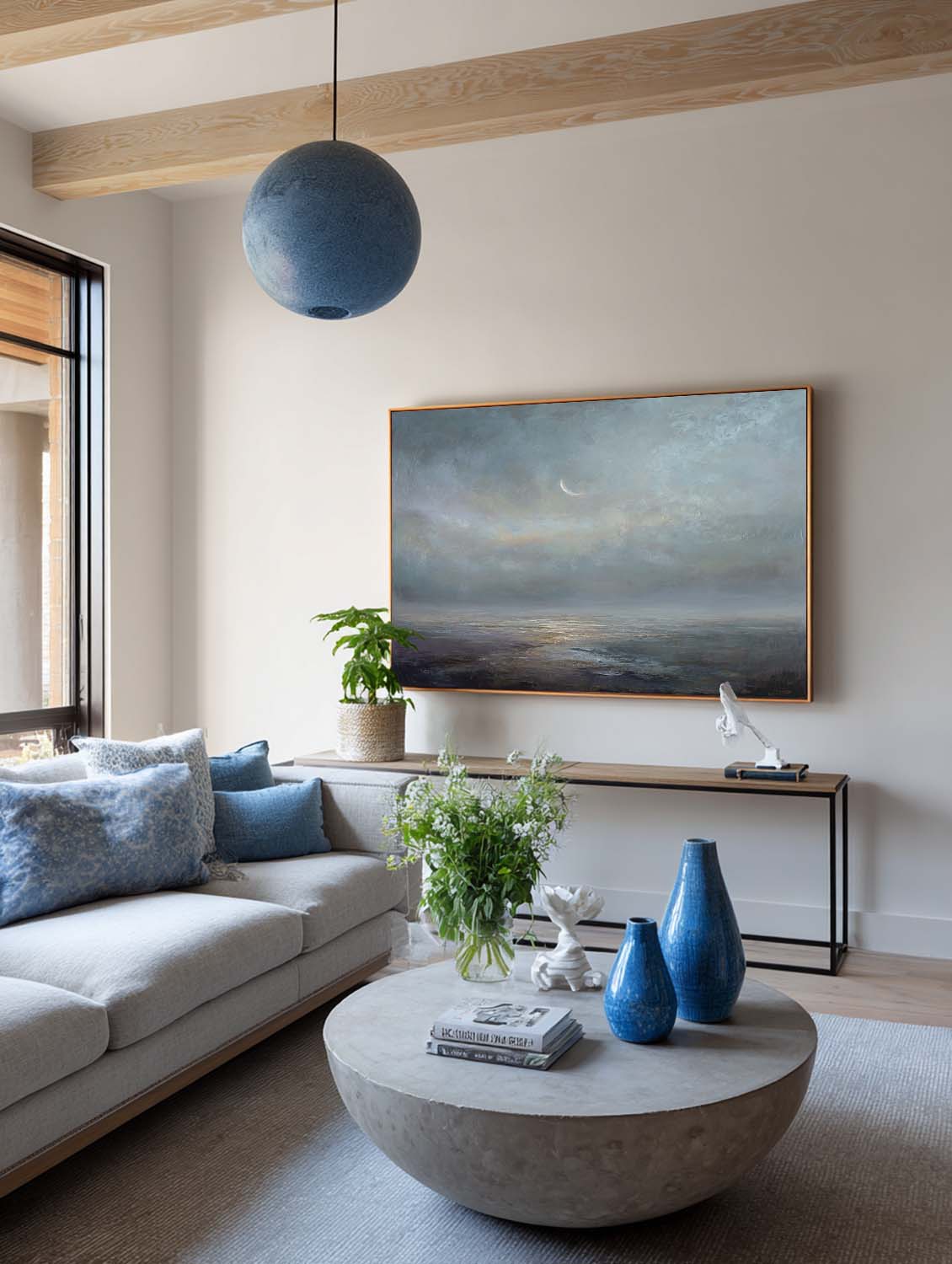 Large Wabi Sabi Abstract Ocean Painting In Blue And Gray Original Blue Gray Horizon Painting Large Gray Beach Oil Painting