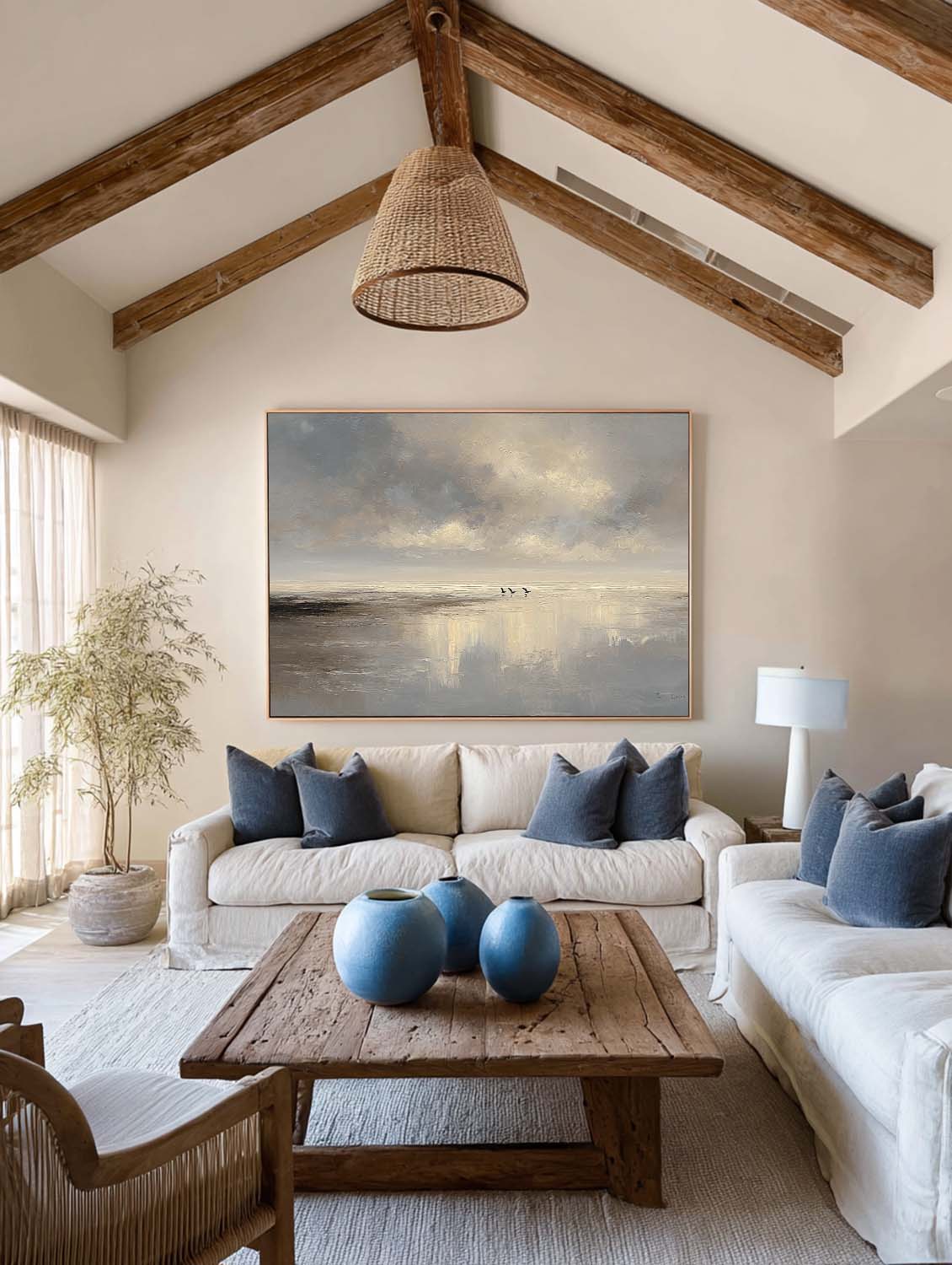 Original Beige And Neutral Seascape Minimalist Ocean Oil Painting On Canvas Large Handmade Coastal Wall Art