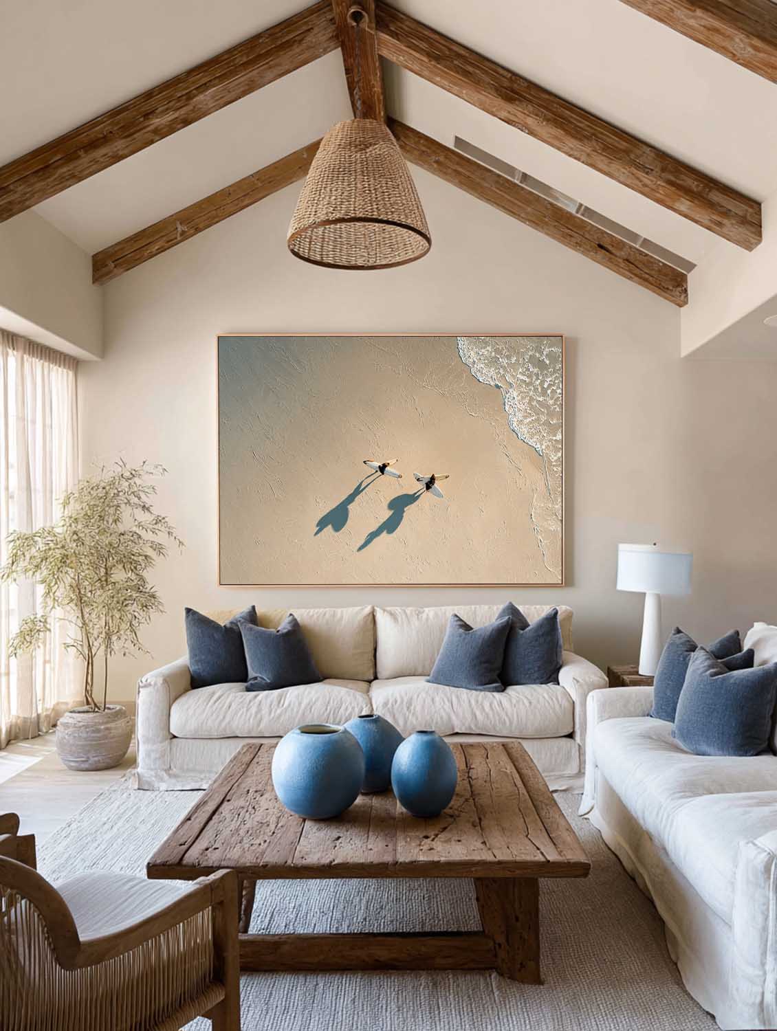 Contemporary Beige Minimalist Surfing Canvas Artwork Large Handmade Beach Scene Painting Neutral Coastal Abstract Wall Art