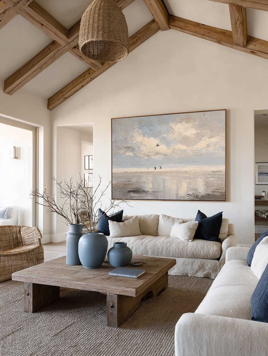 Large Neutral Coastal Oil Painting Textured Handmade Seascape Wall Art In Beige And Gray Original Beige Seascape Painting On Canvas