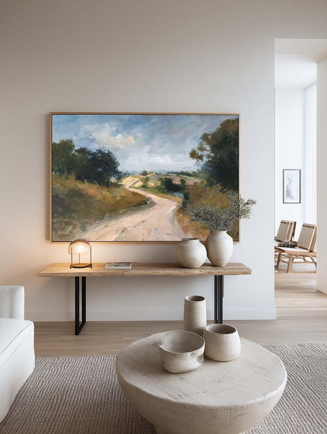 Minimalist Hand-Painted Rural Road Oil Painting Large Neutral Countryside Wall Art Large Country Landscape Wall Art 