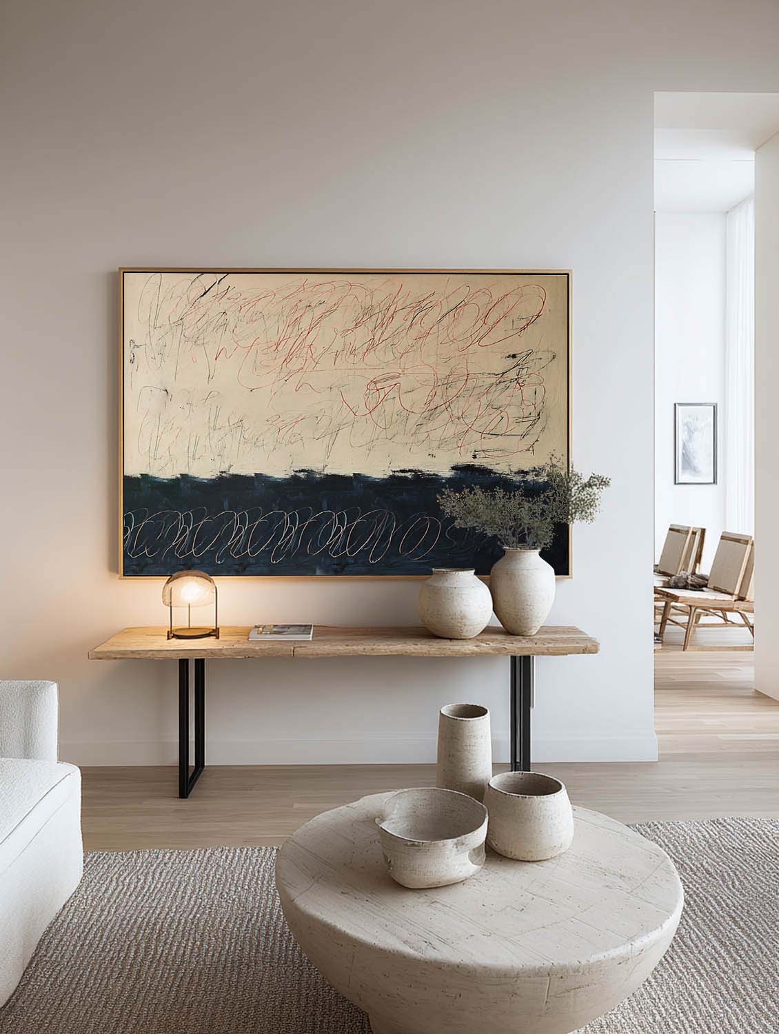 Large Horizontal Beige And Black Abstract Oil Painting Original Minimalist Beige Line Artwork For Modern Interiors