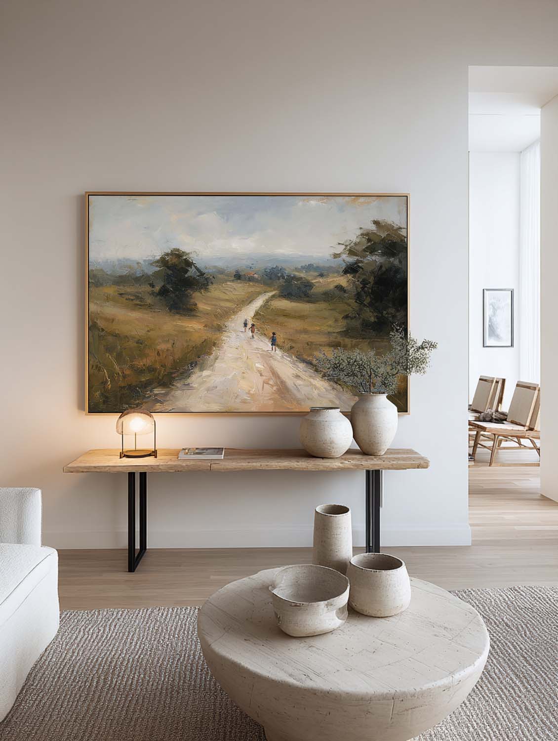 Large Minimalist Warm Earth Tones Country Road Landscape Wall Art Original Beige And Brown Countryside Oil Painting