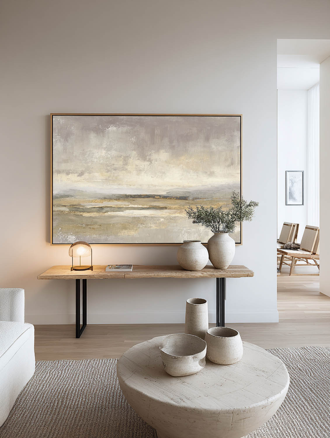 Minimalist Abstract Seascape Oil Painting Handmade Beige And Grey Ocean Art Wabi Sabi Shoreline Wall Art