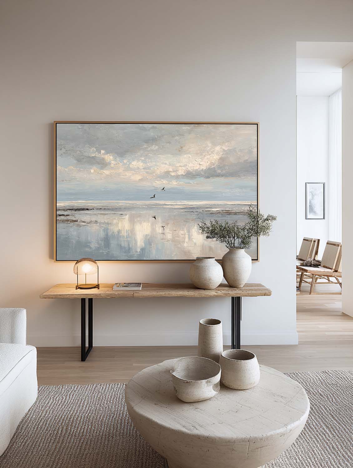 Original Beige And Blue Seascape Oil Painting Large Minimalist Seascape Wall Art Handmade Textured Blue Beach Painting