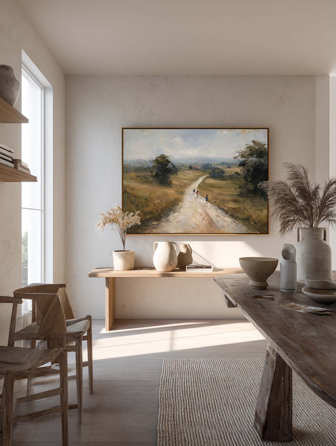 Large Minimalist Warm Earth Tones Country Road Landscape Wall Art Original Beige And Brown Countryside Oil Painting