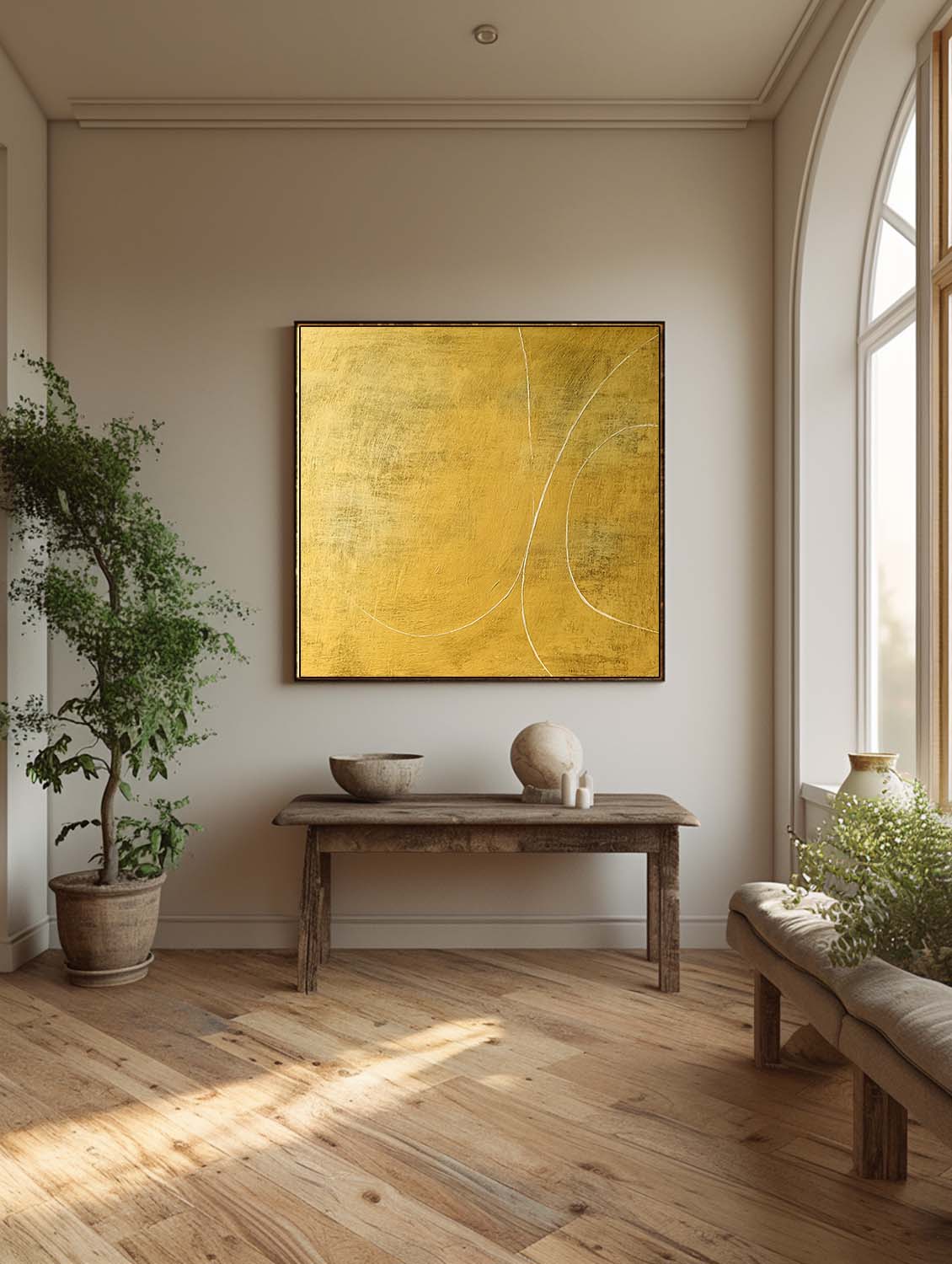 Large Yellow Abstract Line Painting On Canvas Original Yellow Abstract Oil Painting Modern Minimalist Wabi Sabi Wall Art